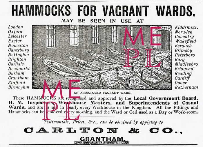 : Advertisement for hammocks for workhouse vagrant wards : Advertisement for hammocks for workhouse vagrant wards