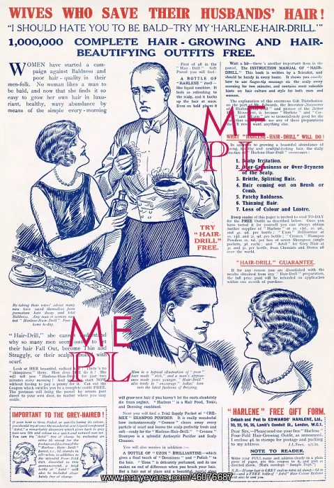 : Advert for Harlene - Baldness in Men 1925 : Advert for Harlene - Baldness in Men 1925