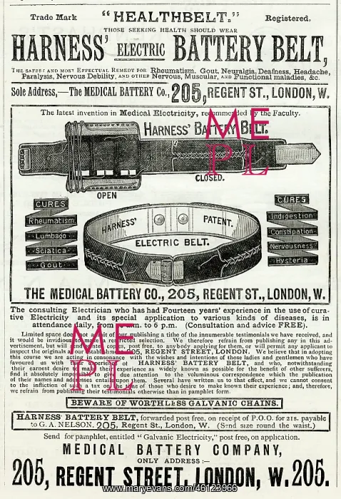 : Advert for Harness Electric Battery Belt 1884 : Advert for Harness Electric Battery Belt 1884