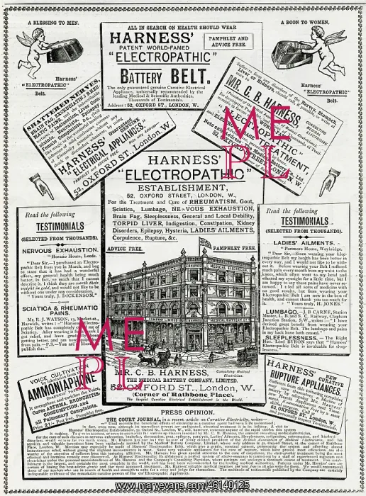 : Advert for Harness Electropathic corset belts 1888 : Advert for Harness Electropathic corset belts 1888