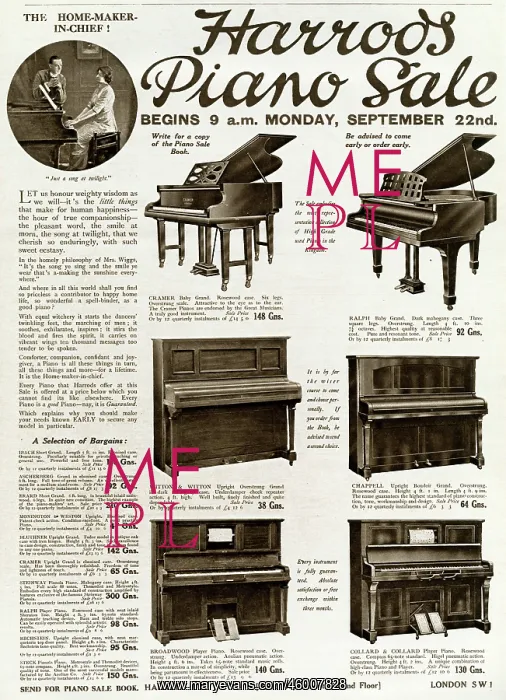 : Advert for Harrods piano sale 1919 : Advert for Harrods piano sale 1919