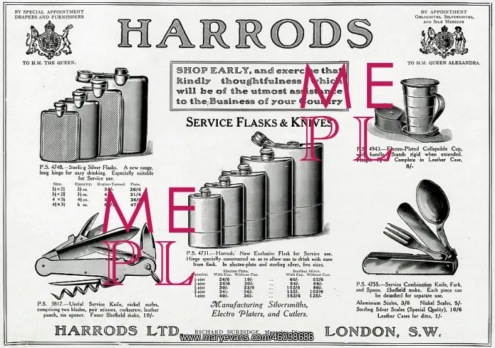 : Advert for Harrods service flasks and knives 1915 : Advert for Harrods service flasks and knives 1915
