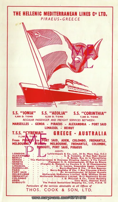 : Advert, The Hellenic Mediterranean Lines, Greece : Advert, The Hellenic Mediterranean Lines, Greece