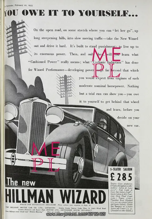 : Advertisement for Hillman Wizard car : Advertisement for Hillman Wizard car