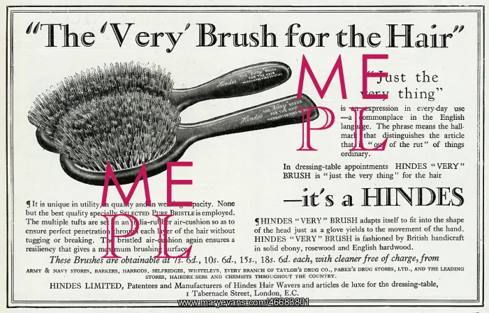 : Advert for Hindes hair brushes 1923 : Advert for Hindes hair brushes 1923