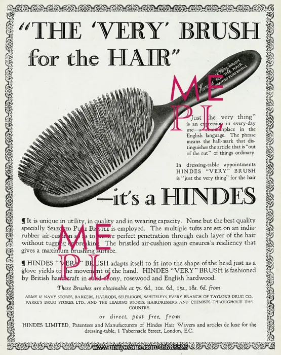 : Advert for Hindes hair brushes 1923 : Advert for Hindes hair brushes 1923