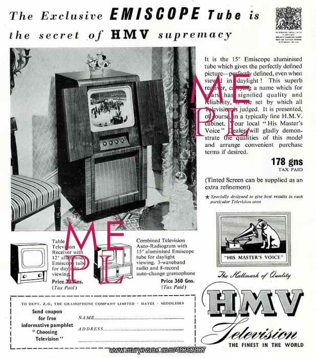 : Advert, HMV television with Emiscope tube : Advert, HMV television with Emiscope tube