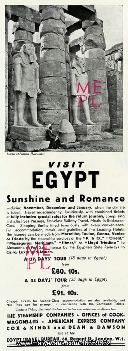 : Advert for a Holiday to Egypt 1931 : Advert for a Holiday to Egypt 1931