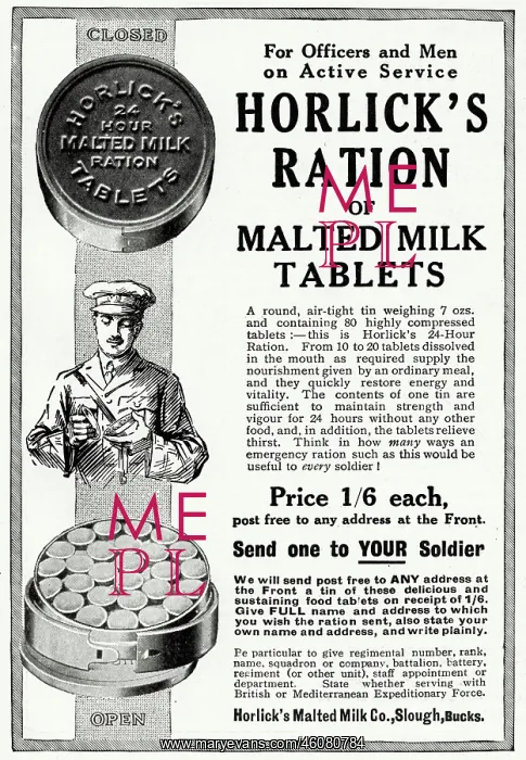 : Advert for Horlick's ration of malted milk tablets 1916 : Advert for Horlick's ration of malted milk tablets 1916