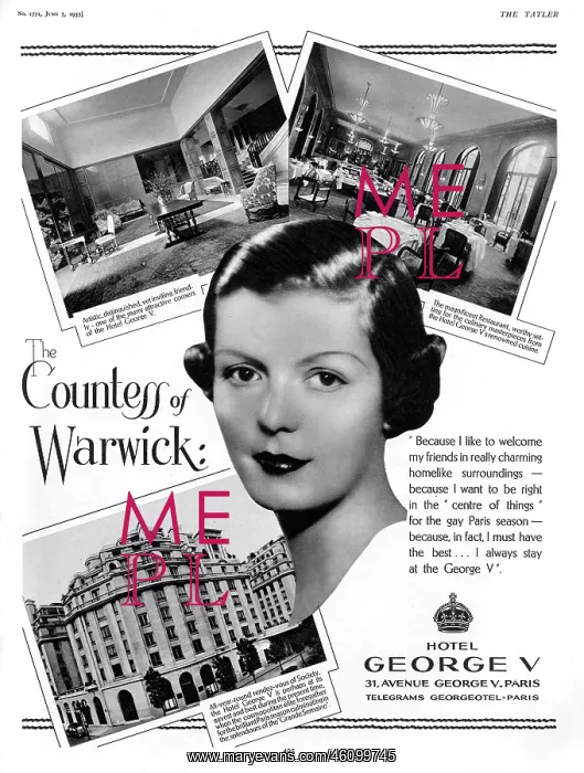 : Advert for Hotel George V featuring Countess of Warwick : Advert for Hotel George V featuring Countess of Warwick