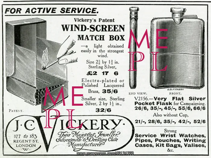 : Advert for J.C. Vickery wind screen for match box 1914 : Advert for J.C. Vickery wind screen for match box 1914