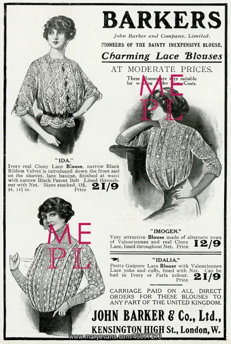 : Advert for John Barker & Co, lace blouses 1912 : Advert for John Barker & Co, lace blouses 1912