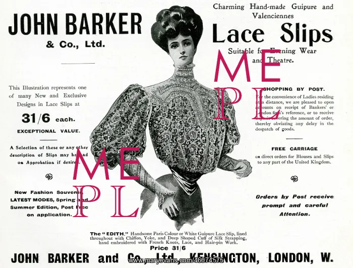 : Advert for John Barker & Co, lace slips 1906 : Advert for John Barker & Co, lace slips 1906