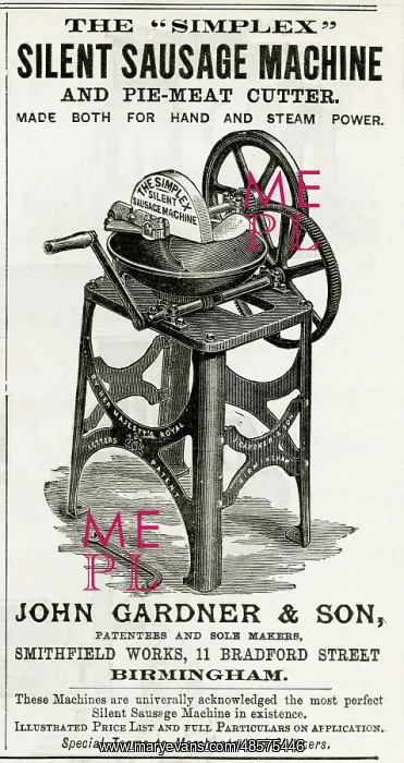 : Advert for John Gardner & Son, sausage machine 1888 : Advert for John Gardner & Son, sausage machine 1888