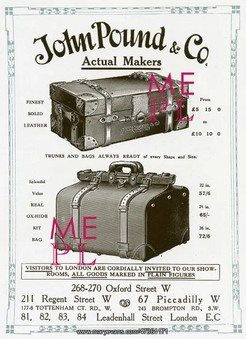 : Advert for John Pound & Co travel trunks 1912 : Advert for John Pound & Co travel trunks 1912