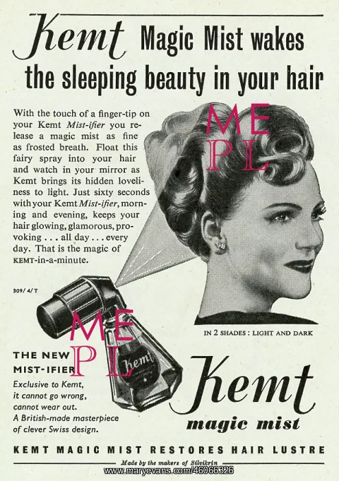 : Advert for Kemt magic mist hairspray 1948 : Advert for Kemt magic mist hairspray 1948