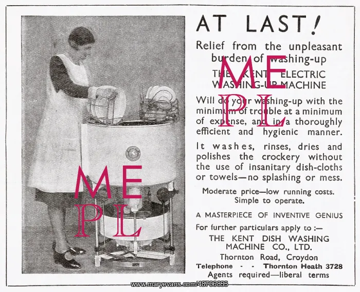 : Advert for Kent Electric washing-up machine 1933 : Advert for Kent Electric washing-up machine 1933