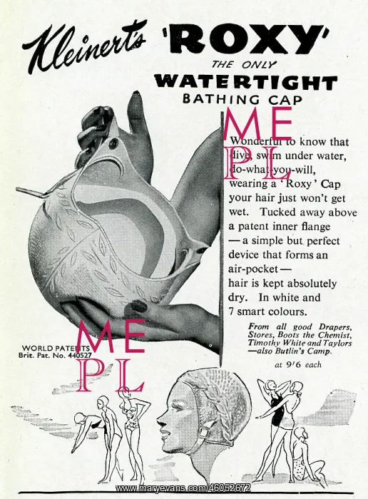 : Advert for Kleinert's Roxy watertight bathing caps 1948 : Advert for Kleinert's Roxy watertight bathing caps 1948