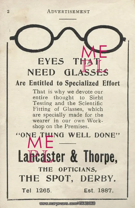 : Advertisement for Lancaster & Thorpe opticians, Derby : Advertisement for Lancaster & Thorpe opticians, Derby