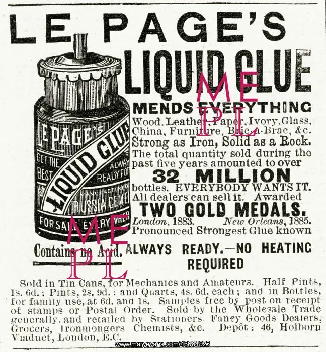 : Advert for Le Page's liquid glue 1884 : Advert for Le Page's liquid glue 1884