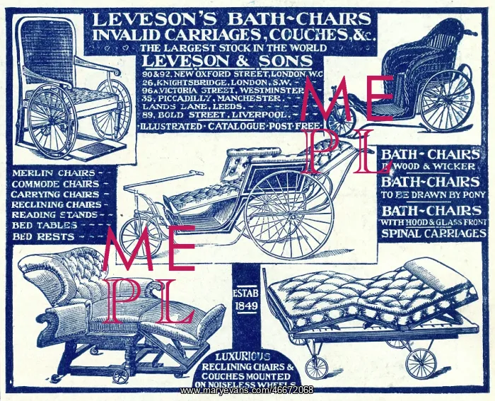 : Advert for Leveson's invalid & bath chairs 1908 : Advert for Leveson's invalid & bath chairs 1908