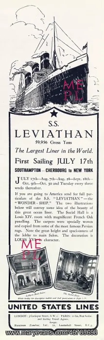 : Advert for Leviathan luxury ship 1923 : Advert for Leviathan luxury ship 1923