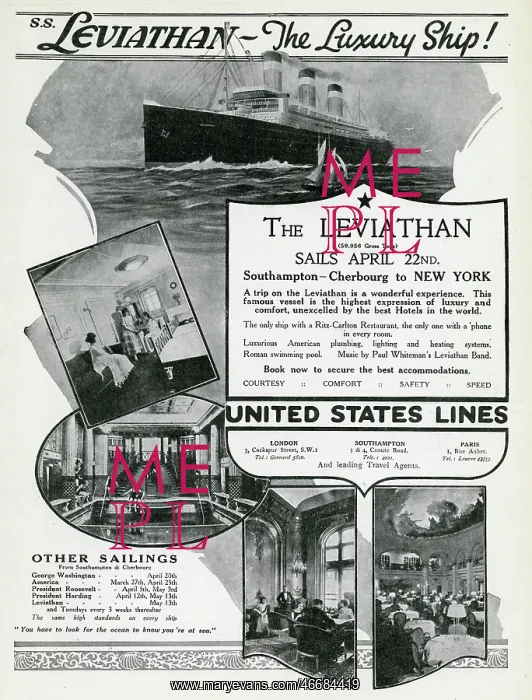 : Advert for Leviathan luxury ship 1924 : Advert for Leviathan luxury ship 1924
