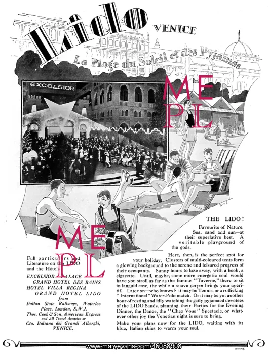 : Advert for the Lido, Venice, 1927 : Advert for the Lido, Venice, 1927