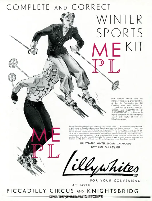 : Advert for Lillywhites skiwear 1937 : Advert for Lillywhites skiwear 1937