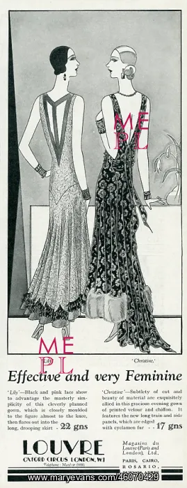 : Advert for Louvre evening dresses 1929 : Advert for Louvre evening dresses 1929