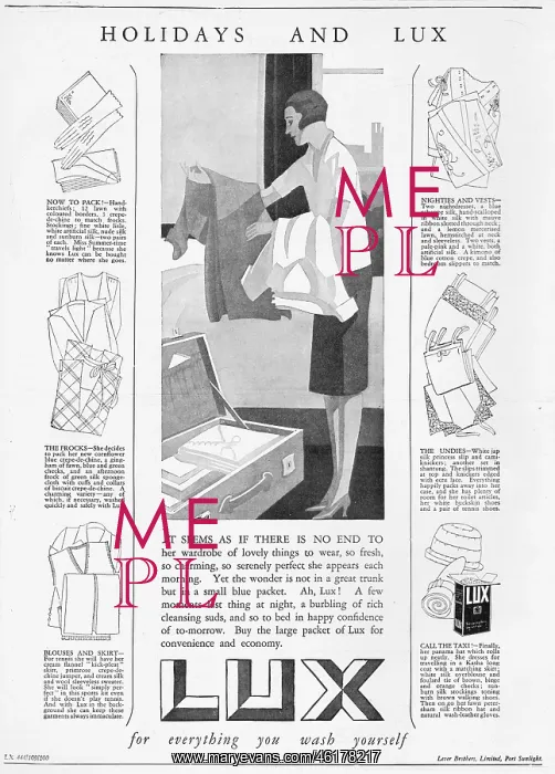 : Advert for Lux, soap powder, with hints for holiday : Advert for Lux, soap powder, with hints for holiday