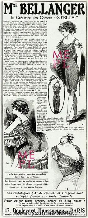 : Advert for Madame Bellanger corsetmarker 1911 : Advert for Madame Bellanger corsetmarker 1911