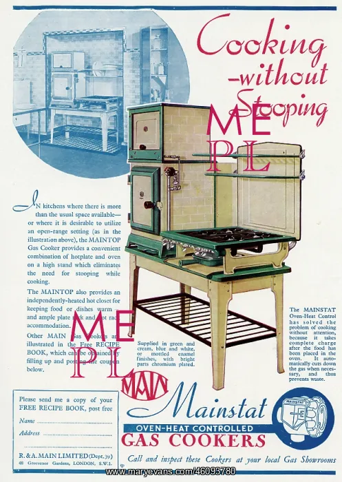 : Advert for Main Mainstat gas cookers 1938 : Advert for Main Mainstat gas cookers 1938