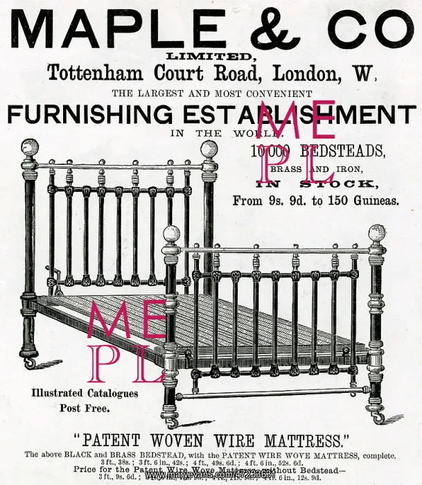 : Advert for Maple & Co brass bedstead 1892 : Advert for Maple & Co brass bedstead 1892