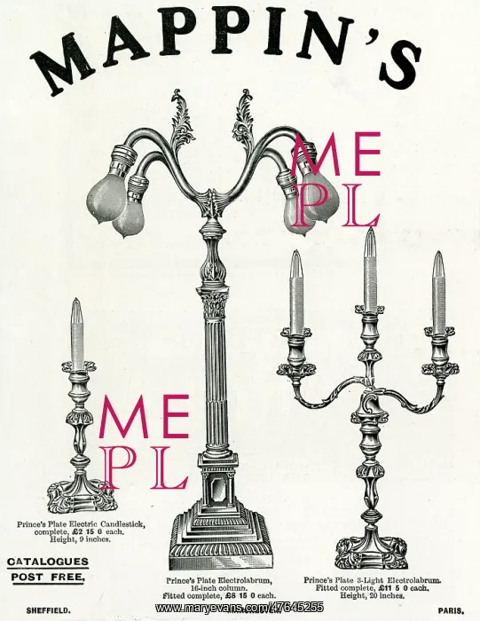 : Advert for Mappin & Webb electic candelabras 1906 : Advert for Mappin & Webb electic candelabras 1906