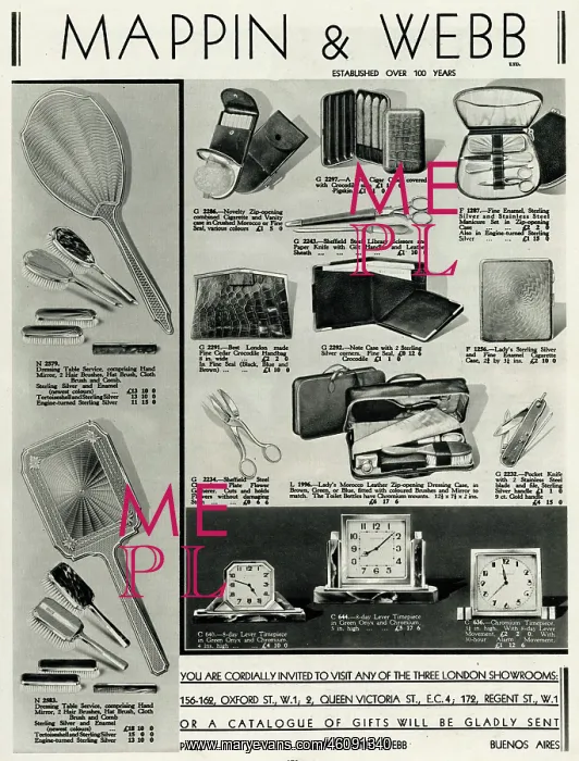 : Advert for Mappin & Webb vanity items 1934 : Advert for Mappin & Webb vanity items 1934
