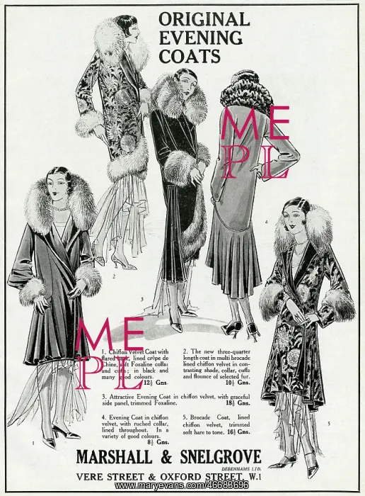 : Advert for Marshall & Snelgrove evening coats 1929 : Advert for Marshall & Snelgrove evening coats 1929