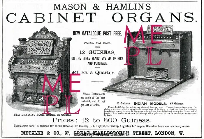 : Advert for Mason's & Hamlin's cabinet organs 1877 : Advert for Mason's & Hamlin's cabinet organs 1877