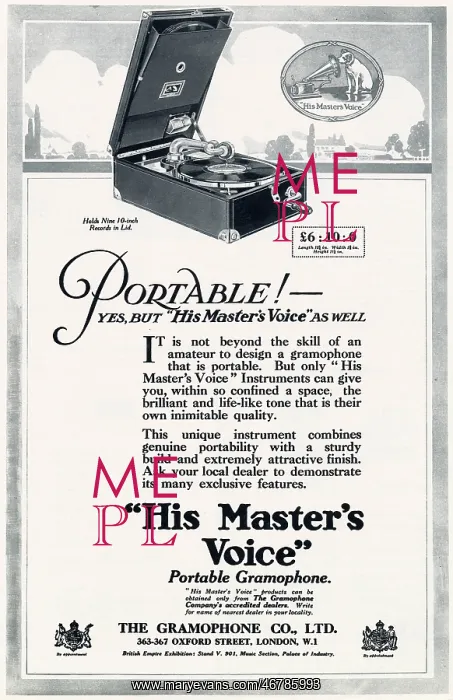 : Advert for His Master's Voice - Portable Gramophone 1925 : Advert for His Master's Voice - Portable Gramophone 1925