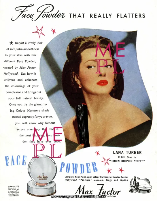 : Advert for Max Factor face powder, Lana Turner : Advert for Max Factor face powder, Lana Turner