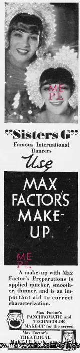 : Advert for Max Factor's makeup featuring the Sisters G, 1930 : Advert for Max Factor's makeup featuring the Sisters G, 1930