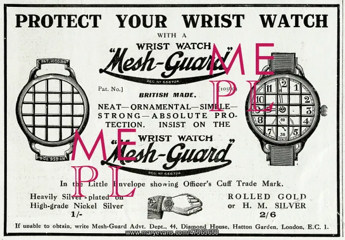 : Advert for Mesh-Guard wristwatch 1918 : Advert for Mesh-Guard wristwatch 1918