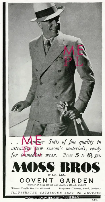 : Advert for Moss Bros summer suits for men 1934 : Advert for Moss Bros summer suits for men 1934