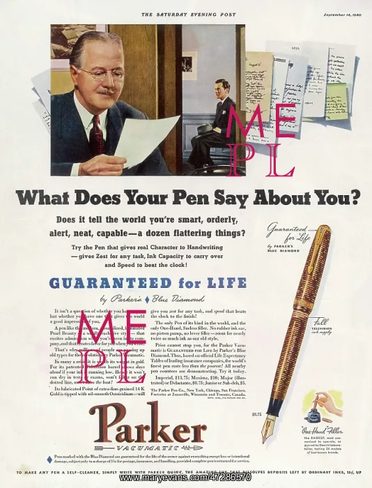 : ADVERT / PARKER PENS 1940 : ADVERT / PARKER PENS 1940