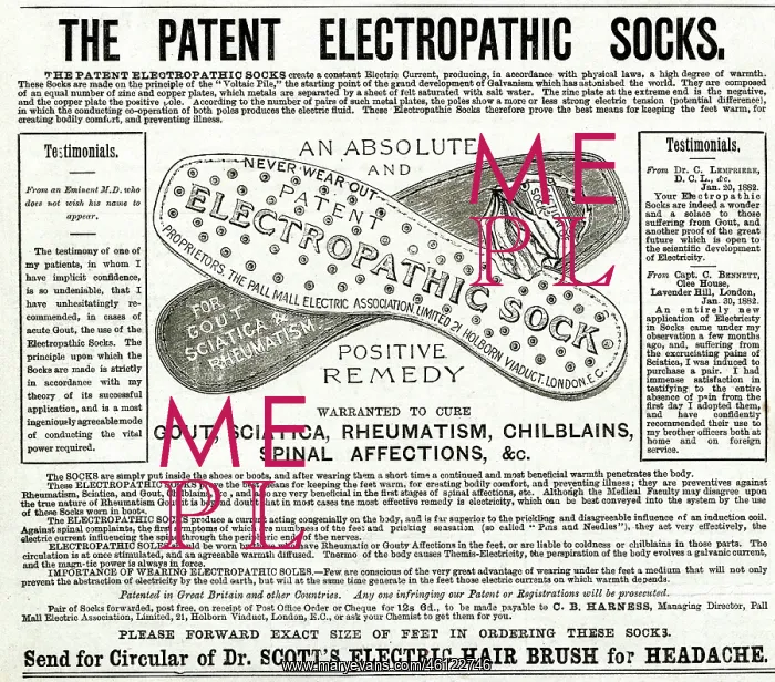 : Advert for Patent Electropathic socks 1882 : Advert for Patent Electropathic socks 1882