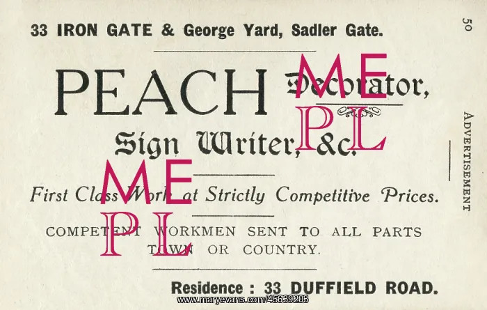 : Advertisement for Peach, decorator and sign writer, Derby : Advertisement for Peach, decorator and sign writer, Derby