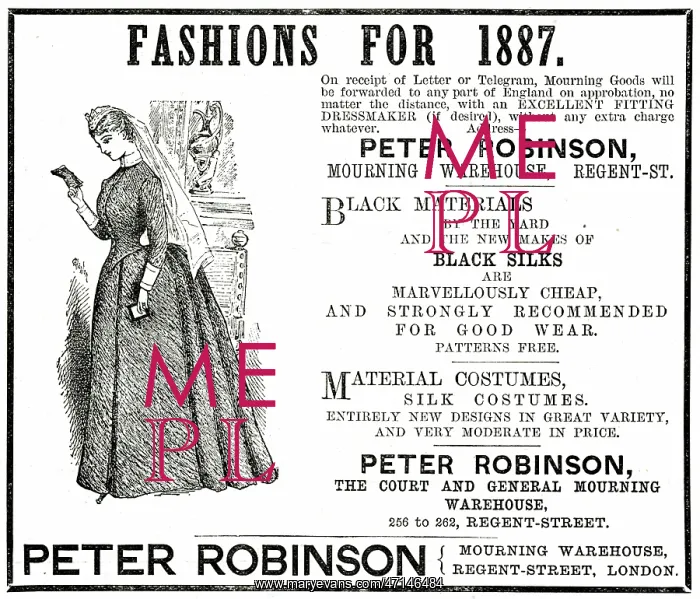 : Advert for Peter Robinson mourning dress 1887 : Advert for Peter Robinson mourning dress 1887