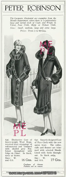 : Advert for Peter Robinson women's coats 1927 : Advert for Peter Robinson women's coats 1927