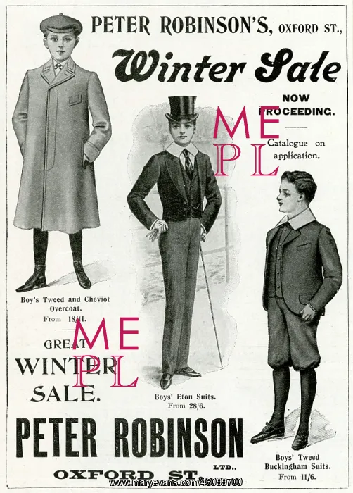 : Advert for Peter Robinson's boy's clothing 1902 : Advert for Peter Robinson's boy's clothing 1902