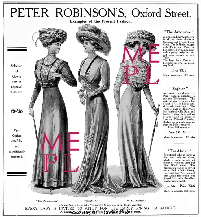 : Advert for Peter Robinson's women's spring dresses 1909 : Advert for Peter Robinson's women's spring dresses 1909